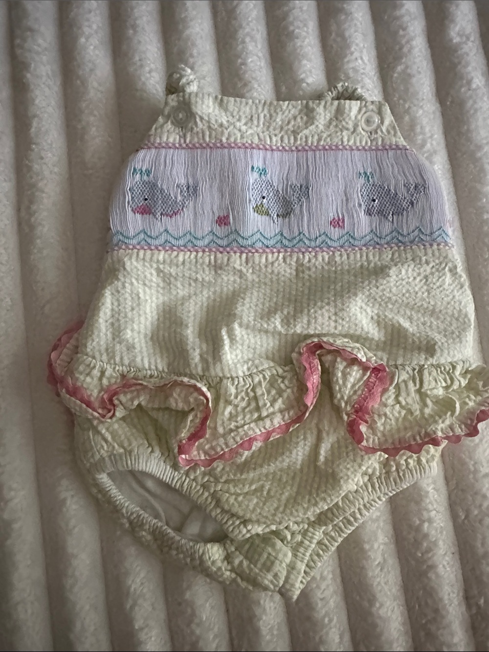 Stellybelly Baby Girls Cream One-Piece Swim Suit with Smocked whale Detail